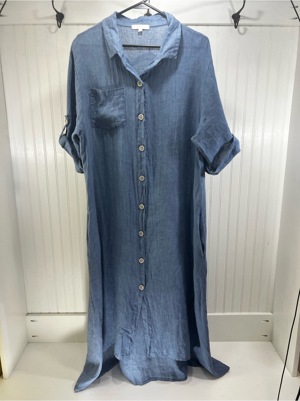 Maven Lightweight Button-Front Linen Maxi Dress in Dusty Blue Size M
